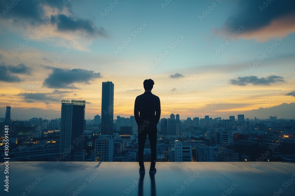 A man stands on a rooftop looking out over a city at sunset. The sky is filled with clouds, and the city below is lit up with lights. The man is lost in thought, taking in the beauty of the scene A man stands on a rooftop looking out over a city at sunset. The sky is filled with clouds, and the city below is lit up with lights. The man is lost in thought, taking in the beauty of the scene