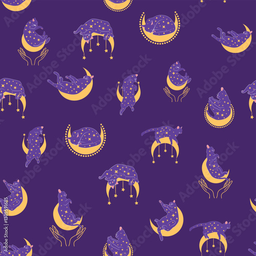 Mystical seamless pattern of cats in boho style, silhouette collection. Esotericism and mysticism, occultism. Cartoon flat vector illustrations, isolated