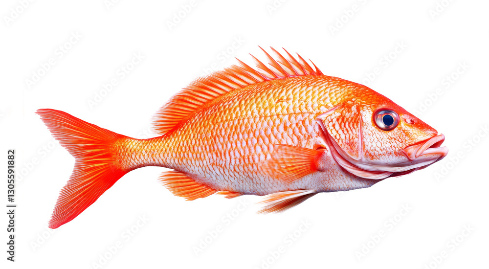 Obraz premium A fresh red snapper fish with vibrant reddish-pink scales, isolated on a transparent background.