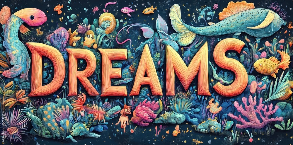 Obraz premium A colorful whimsical illustration showing the word dreams with sea life
