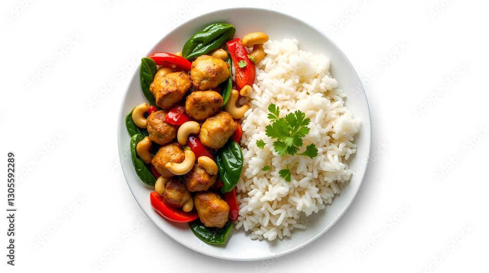 white plate of chicken sauted cashew nuts and rice on white background, Isolate On Transparent Background white plate of chicken sauted cashew nuts and rice on white background, Isolate On Transparent Background