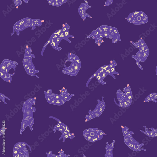 Mystical seamless pattern of cats in boho style, silhouette collection. Esotericism and mysticism, occultism. Cartoon flat vector illustrations, isolated