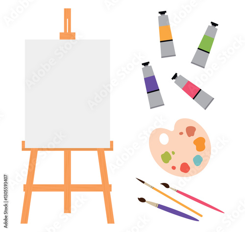 Set of vector artist elements: easel with white sheet, palette, tubes of paint, brushes. Drawing set in flat style.
