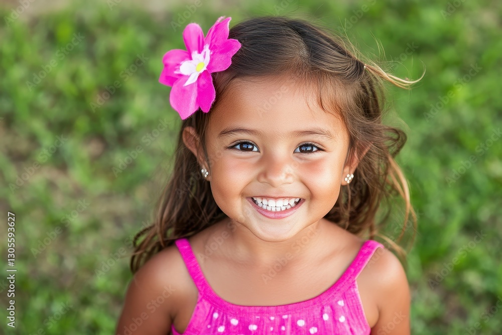 A joyful young girl stands outdoors, wearing a vibrant pink dress. Her cheerful smile, accented by a flower, adds to the warm atmosphere. Sunlight illuminates her playful demeanor A joyful young girl stands outdoors, wearing a vibrant pink dress. Her cheerful smile, accented by a flower, adds to the warm atmosphere. Sunlight illuminates her playful demeanor