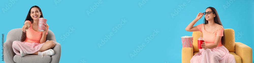 Young women with popcorn and soda sitting in armchairs and watching movie on light blue background. Banner for design Young women with popcorn and soda sitting in armchairs and watching movie on light blue background. Banner for design