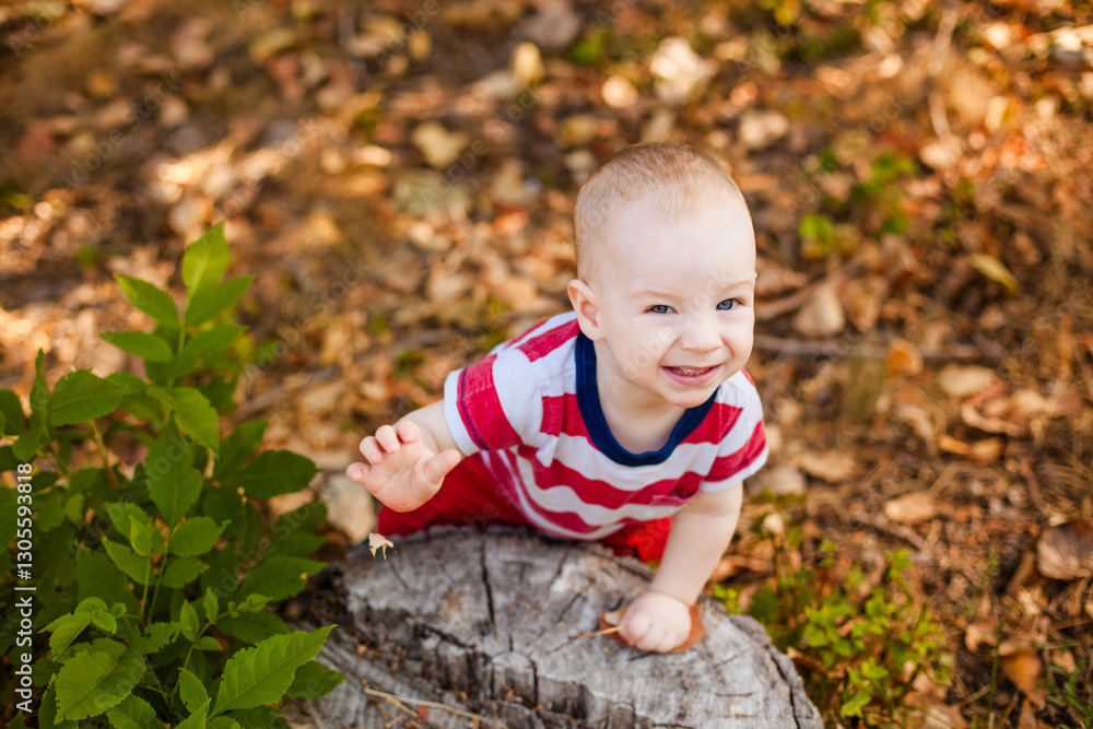 One-year-old baby playing with natural materials leaves and twigs in a warm autumn forest One-year-old baby playing with natural materials leaves and twigs in a warm autumn forest