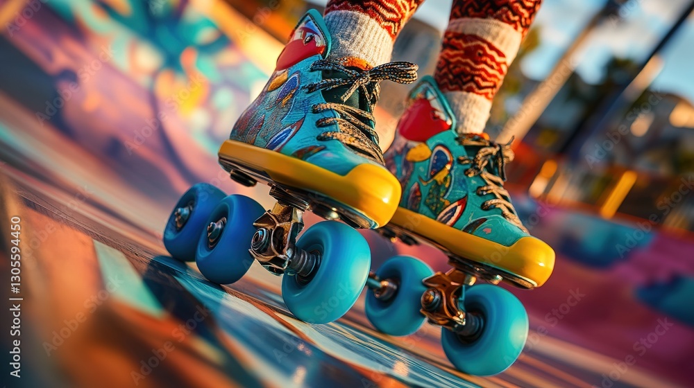 Fototapeta premium Colorful Roller Skates On A Bright Skate Park