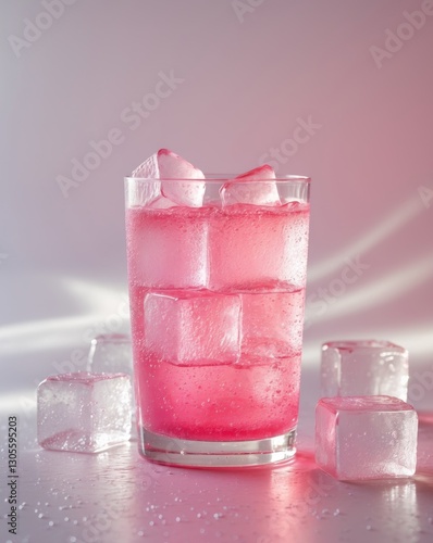 Macro Shot of Glowing Pink Watermelon Soda with Ice Cubes.