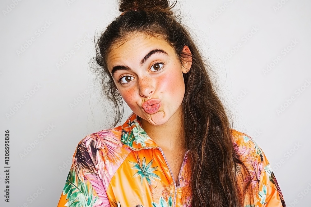 A girl with long hair styled loosely and a bun wears a colorful tropical shirt. She playfully pouts and makes a fun facial expression with a light-hearted vibe A girl with long hair styled loosely and a bun wears a colorful tropical shirt. She playfully pouts and makes a fun facial expression with a light-hearted vibe