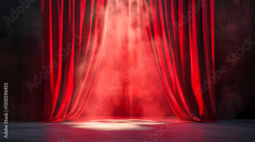 A red curtain is open to reveal a stage with a spotlight shining on it. Delight - Fairytale. Illustration