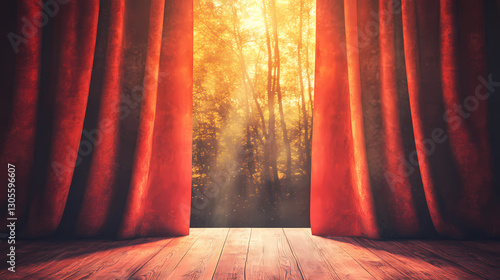 A red curtain is open to reveal a stage with a spotlight shining on it. Delight - Fairytale. Illustration