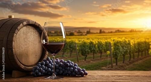 Wine glass filled with red wine next to fresh grapes and a wooden barrel at sunset over a vineyard landscape