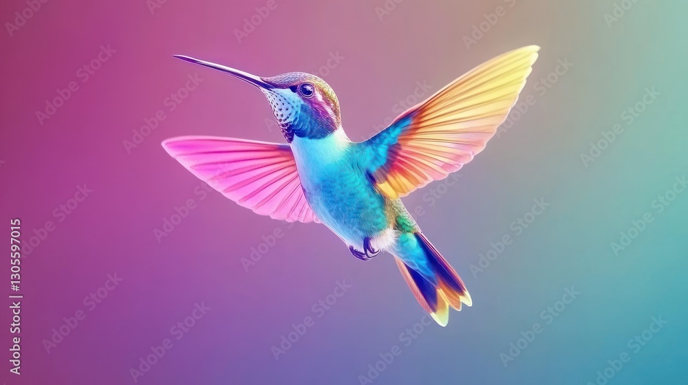 Fototapeta premium A colorful hummingbird with spread wings is flying forward