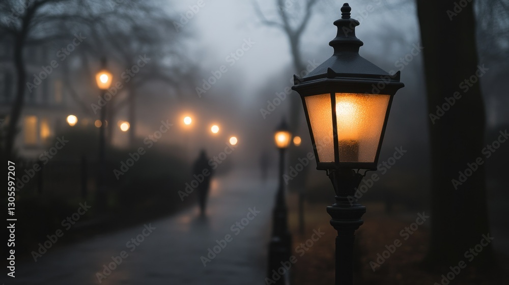 The Lights Illuminate a Foggy Street in Dimly Lit Evening The Lights Illuminate a Foggy Street in Dimly Lit Evening