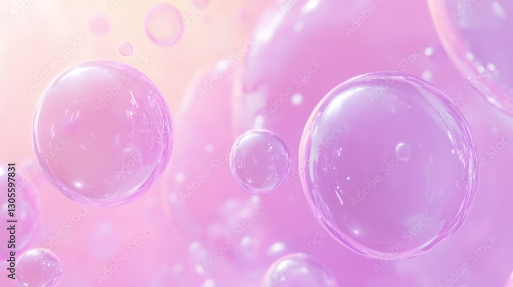 Several transparent spherical bubbles floating against a gradient pink background Several transparent spherical bubbles floating against a gradient pink background