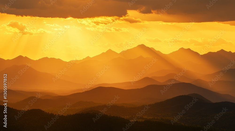 Sunlit golden rays illuminate layers of mountain ranges at dusk