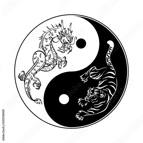 Yin and Yang symbol with dragon and tiger in it, Feng Shui, black and white, line drawing