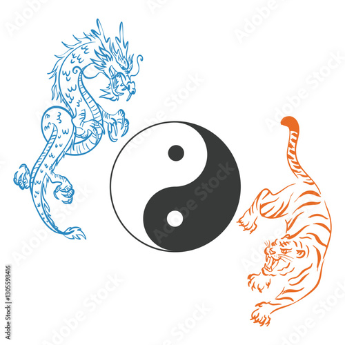 Yin and Yang symbol with Azure Dragon and Tiger, Feng Shui, line drawing, white background