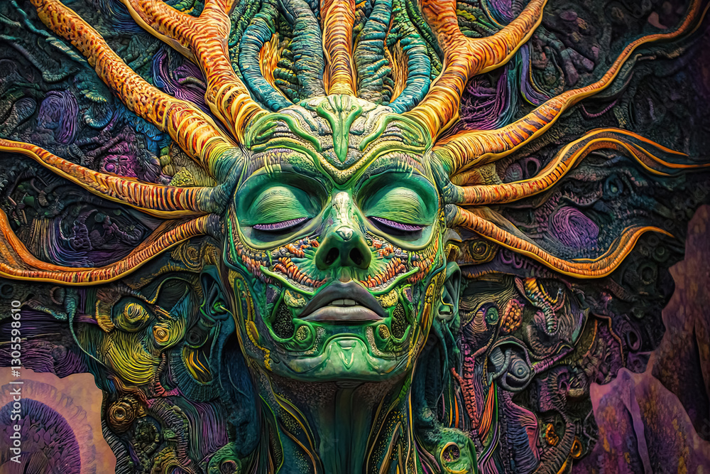 Fototapeta premium Surreal DMT Art of a Transcendental Cosmic Being with a Luminous Green Face, Psychedelic Tendrils, and Hypnotic Fractal Patterns