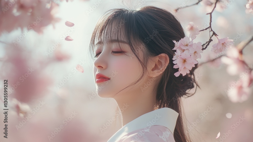 Beautiful woman with cherry blossom flower at full blooming in Spring.
