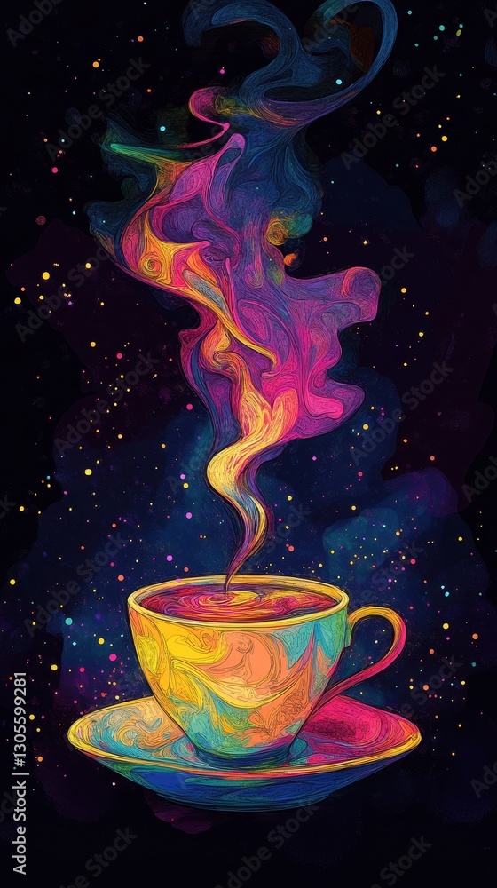 A colorful cup of coffee emitting vibrant swirling steam A colorful cup of coffee emitting vibrant swirling steam