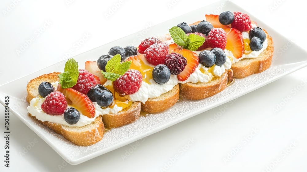 A beautifully detailed photo of a plate filled with slices of farm-fresh bread topped with organic cream cheese, a selection of fresh berries, and a drizzle of honey from a local apiary A beautifully detailed photo of a plate filled with slices of farm-fresh bread topped with organic cream cheese, a selection of fresh berries, and a drizzle of honey from a local apiary