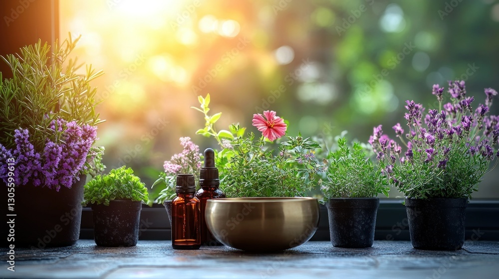 Sunlit windowsill with herbs, essential oils, and a singing bowl Sunlit windowsill with herbs, essential oils, and a singing bowl