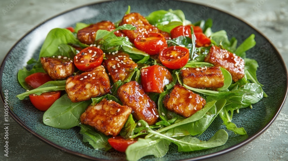 Green mix with sautéed tempeh, cherry tomatoes, and soy sauce dressing. Uneven, handcrafted plates with organic shapes and irregular edges, adding a touch of artisanal charm. Green mix with sautéed tempeh, cherry tomatoes, and soy sauce dressing. Uneven, handcrafted plates with organic shapes and irregular edges, adding a touch of artisanal charm.