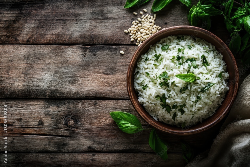 Steamed white rice in a rustic bowl, surrounded by lush green rice plants and grains on a wooden dining table. Generative AI Steamed white rice in a rustic bowl, surrounded by lush green rice plants and grains on a wooden dining table. Generative AI