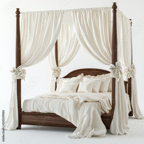 Luxurious canopy bed with elegant white bed cover in a welldesigned bedroom setting photo