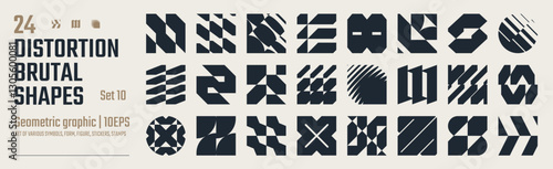 Postmodern abstract geometric graphic elements, Refraction and distortion glass effect various form, Brutalist vector shapes, trendy retro design symbols in Y2K aesthetics, vintage stickers, set 10