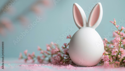 The Easter Bunny's ears stick out from behind a row of eggs. Easter composition on yellow background with copy space.