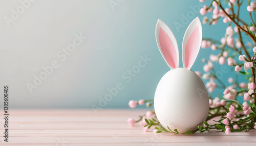 Cute white egg with rabbit ears, spring Easter background, free space, pastel flowers