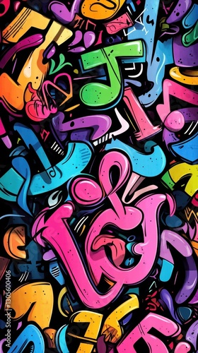 Wallpaper Mural Colorful musical notes and graffiti arranged on a black background Torontodigital.ca