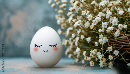 happy Easter egg with cute faces in floral wreath crowns on brown burlap background. Easter eggs with flowers and sleepy eyes in sunny light. Happy Easter concept.