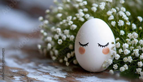 Cute Easter egg with cute faces in floral wreath crowns on brown burlap background. Easter eggs with flowers and sleepy eyes in flowers. Happy Easter concept.