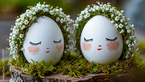 Couple of Cute Easter eggs with cute faces in floral wreath crowns on brown burlap background. Easter eggs with flowers and sleepy eyes in flowers. Happy Easter concept.