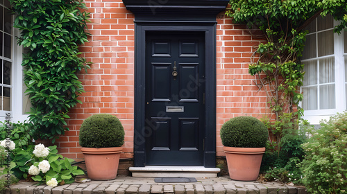 Black front door, front door of a house adorned potted plants. Front door, black front door