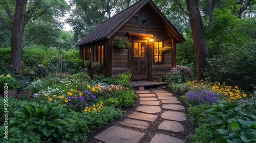 A beautiful garden shed surrounded by flowers and trees during golden hour. Generative AI photo