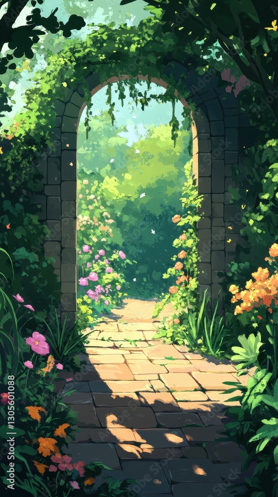 Obraz premium An arched stone pathway leads into a beautiful blossoming garden
