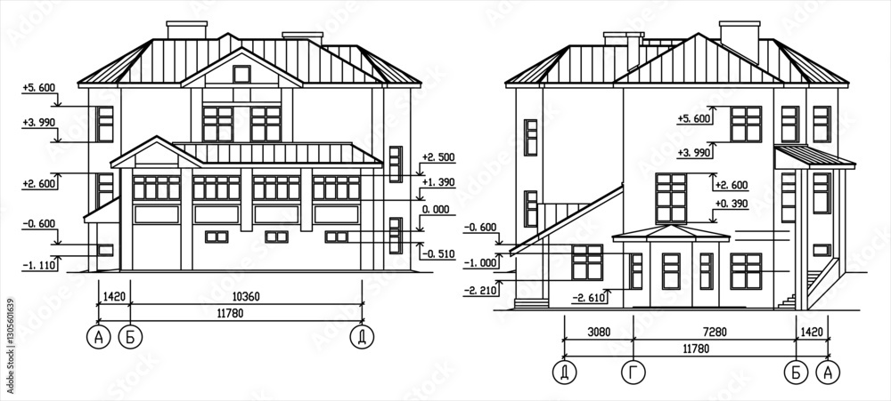 Obraz premium Vector architectural engineering construction drawing of private residential building with dimensional lines. Industrial hand design on white sheet of paper. Blueprint of multistory suburban cottage.