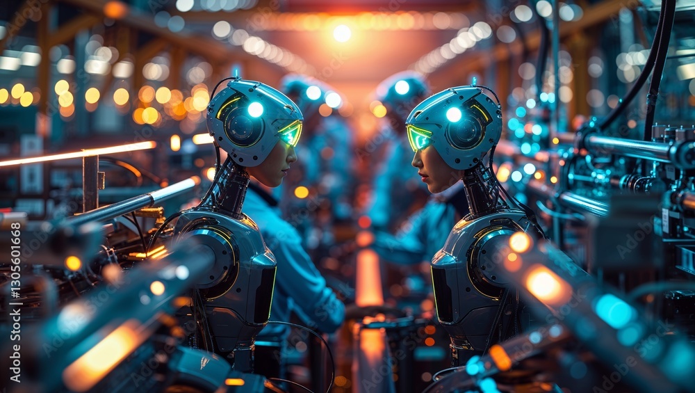 Fototapeta premium Advanced robots collaborate in a high-tech manufacturing facility during the evening hours