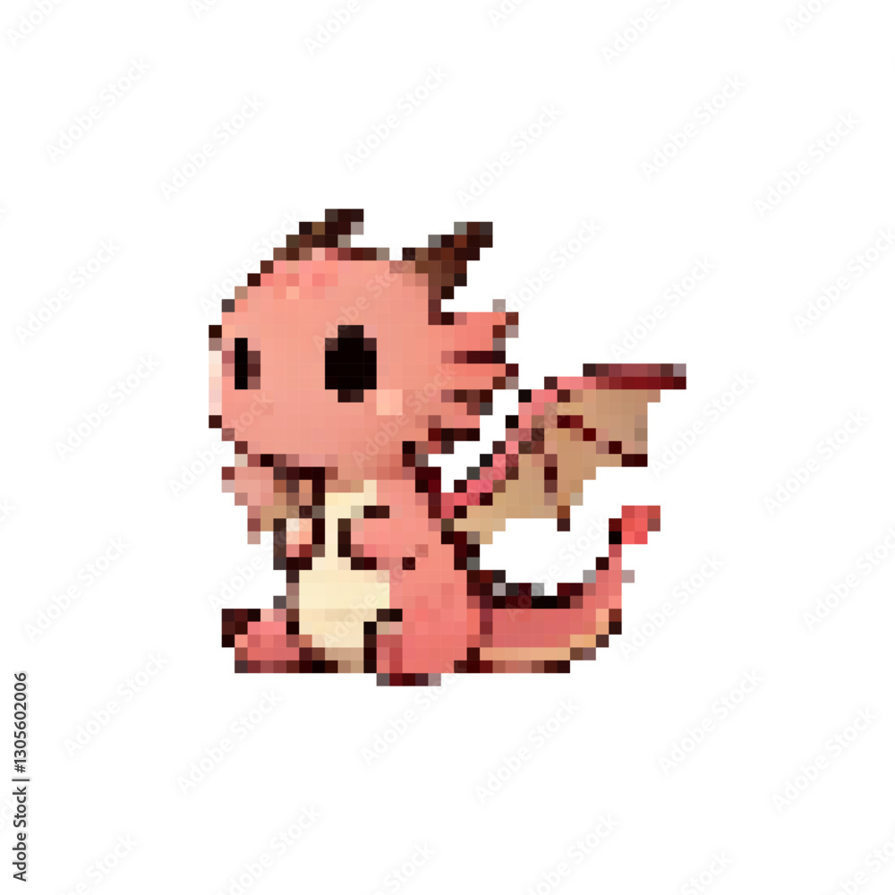 Red pixel baby dragon vector icon. Cute cartoon dragon. Baby dragon. Mythical creature red dragon. Baby dragon with wings. Vector 2d baby dragon icon for games. Red pixel baby dragon vector icon. Cute cartoon dragon. Baby dragon. Mythical creature red dragon. Baby dragon with wings. Vector 2d baby dragon icon for games.