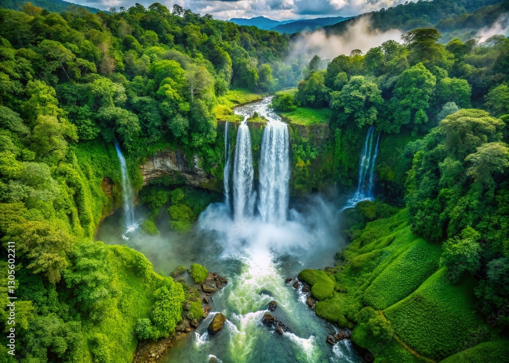 Obraz premium Majestic Jungle Waterfall: Aerial Drone Footage of Cascading Water and Lush Greenery