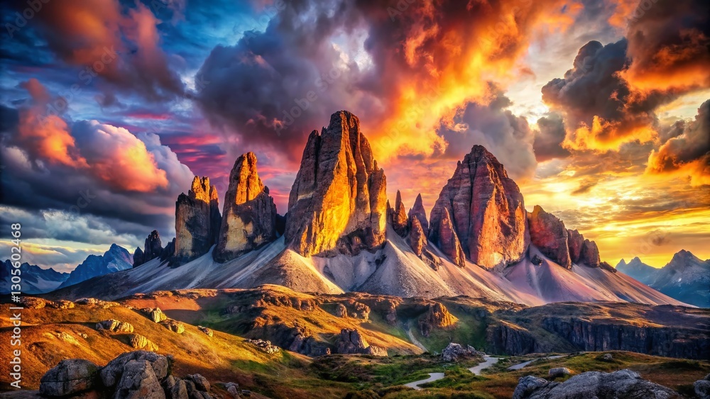 Fototapeta premium Majestic Mountain Double Exposure: Cloudscape & Rocky Foreground