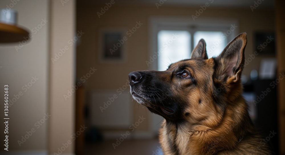 German Shepherd dog with expressive eyes and attentive demeanor gazing thoughtfully indoors in a warm, inviting setting German Shepherd dog with expressive eyes and attentive demeanor gazing thoughtfully indoors in a warm, inviting setting