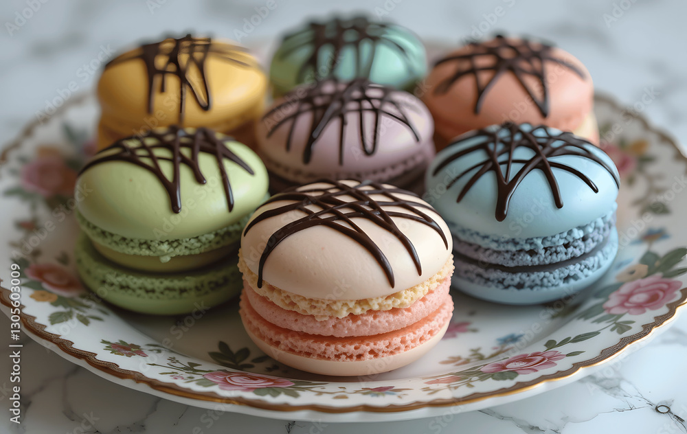 A variety of pastel-coloured macarons arranged on a vintage floral plate.
A variety of pastel-coloured macarons arranged on a vintage floral plate.