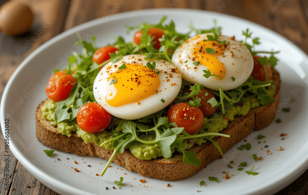 Fresh avocado toast topped with poached eggs, tomatoes, arugula, and a hint of chili flakes. Fresh avocado toast topped with poached eggs, tomatoes, arugula, and a hint of chili flakes.