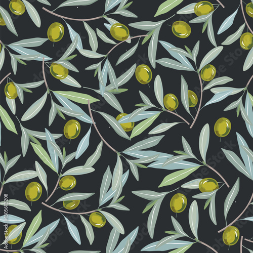 Olives seamless pattern . Green olive branch with leaves vector icons on black background. Italian and Greek cuisine element. Graphic design for wallpaper, menu, textile.