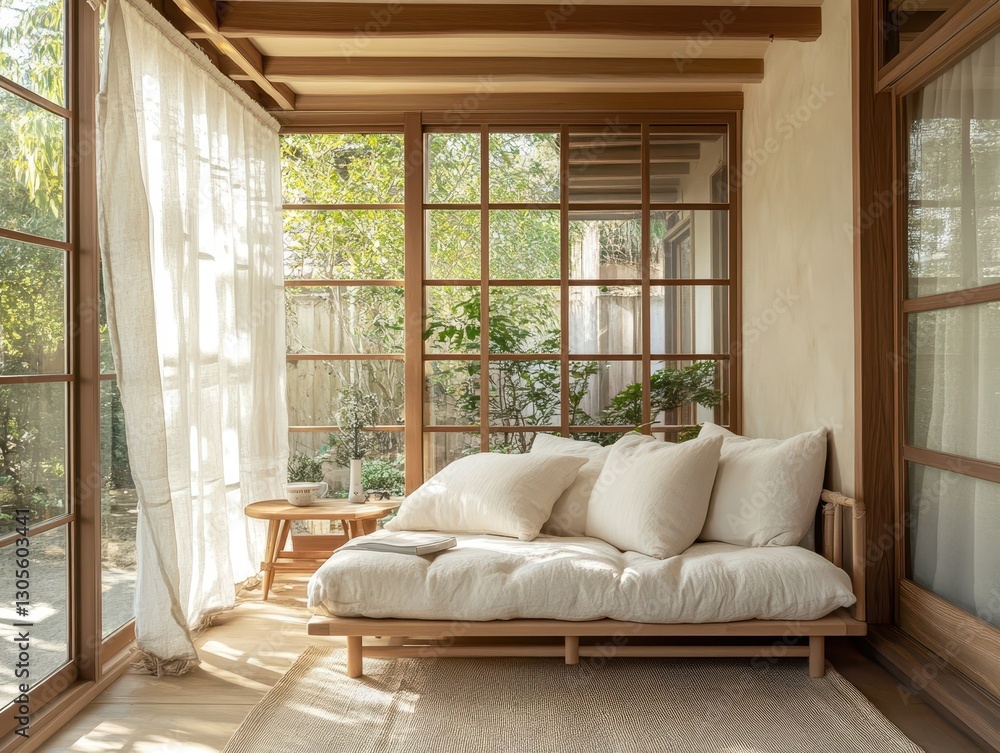 Fototapeta premium Bright and cozy living room with a peaceful natural view
